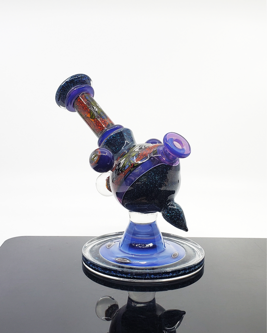  Cajun Glass Chip Stack Heliosphere, an artisanal 14mm dab rig with layered glass detail showcasing intricate chip stack patterns and a clean design, a fusion of art and functionality perfect for connoisseurs of unique heady glass designs that offer smooth performance.
