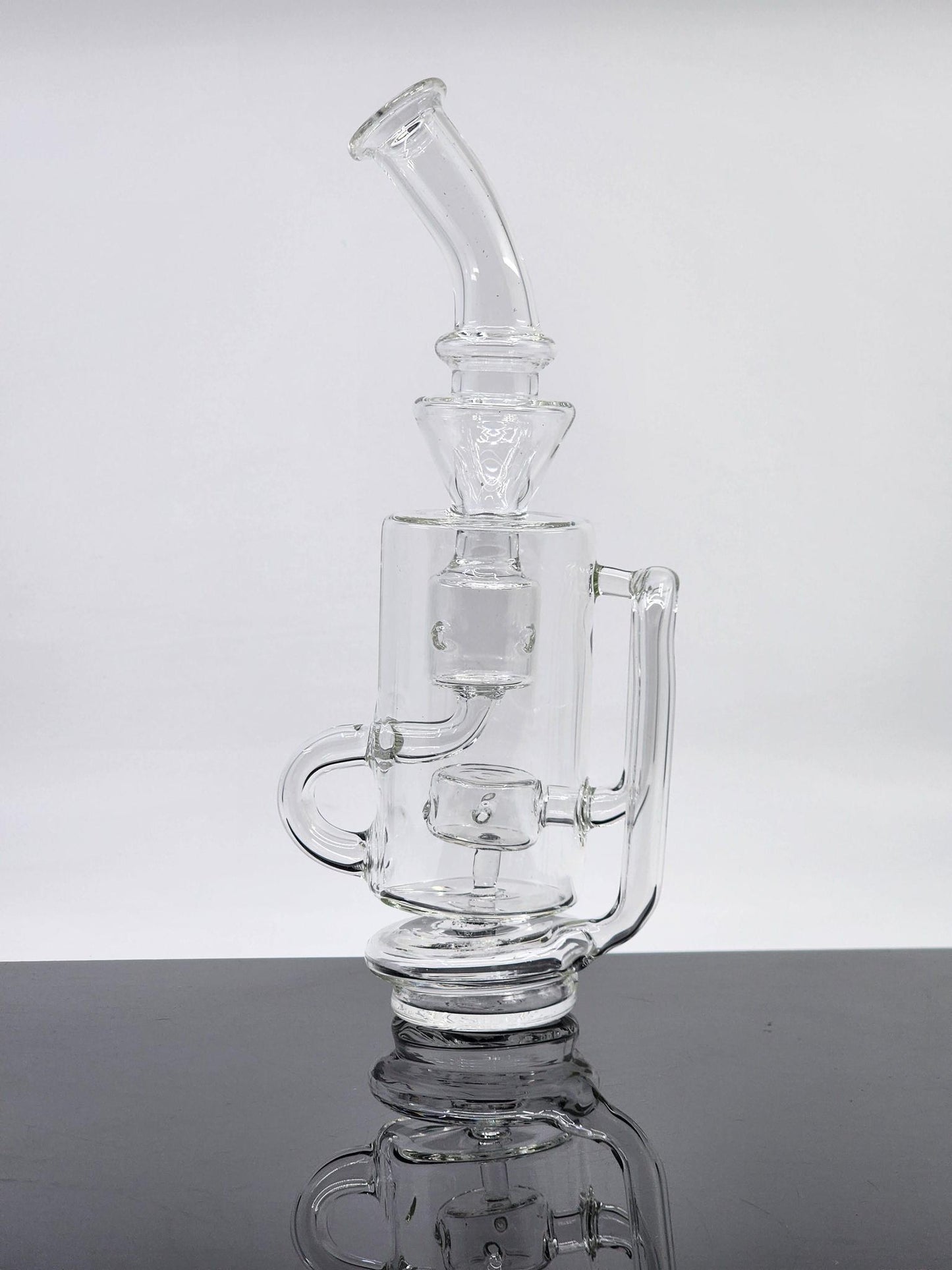 Clear Klein Recycler Puffco Attachment for Peak and Peak Pro (V1 & V2), featuring a 7-hole perc for smooth hits, height: 8", diameter: 1.5