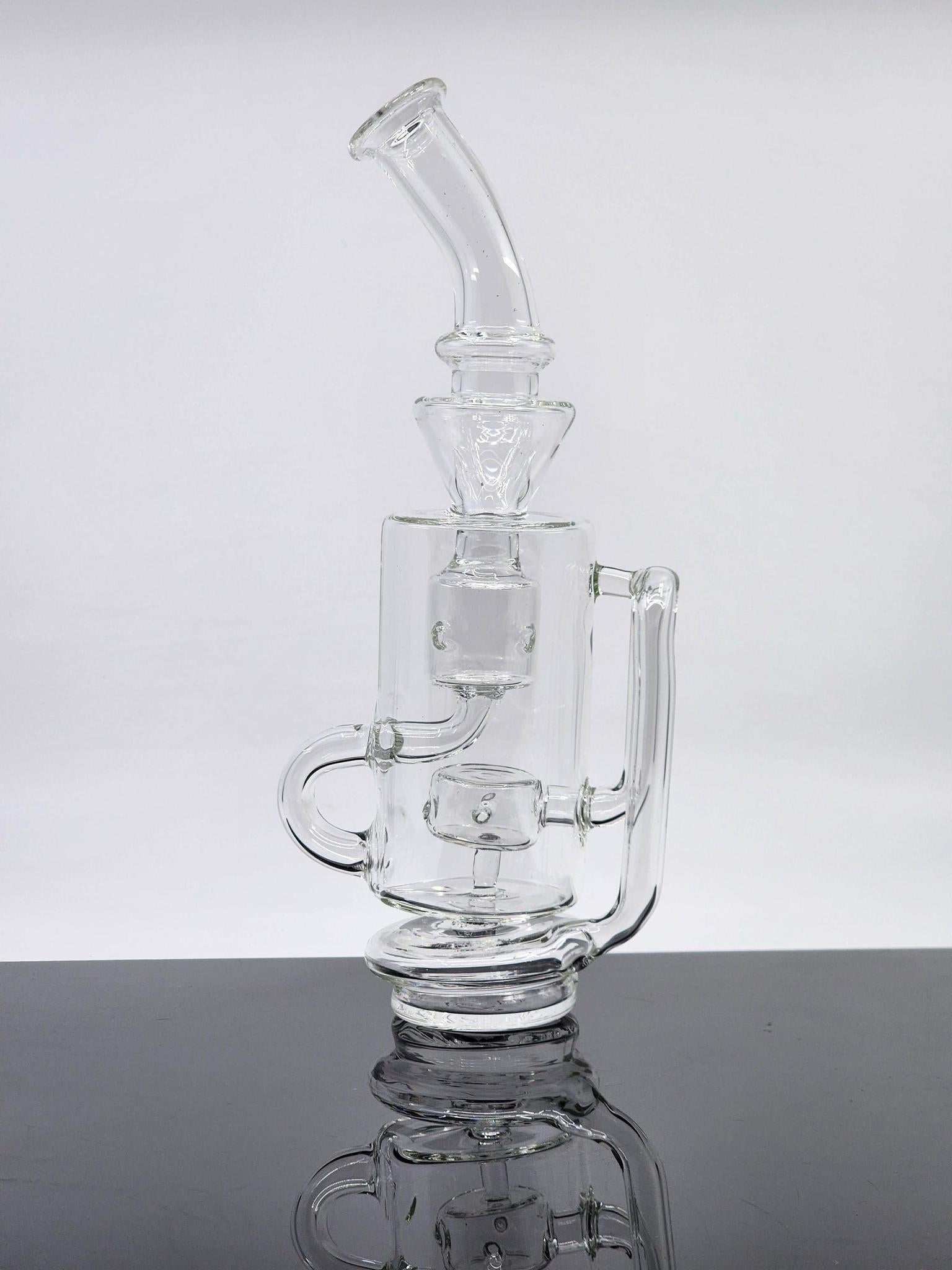 Clear Klein Recycler Puffco Attachment for Peak and Peak Pro (V1 & V2), featuring a 7-hole perc for smooth hits, height: 8", diameter: 1.5