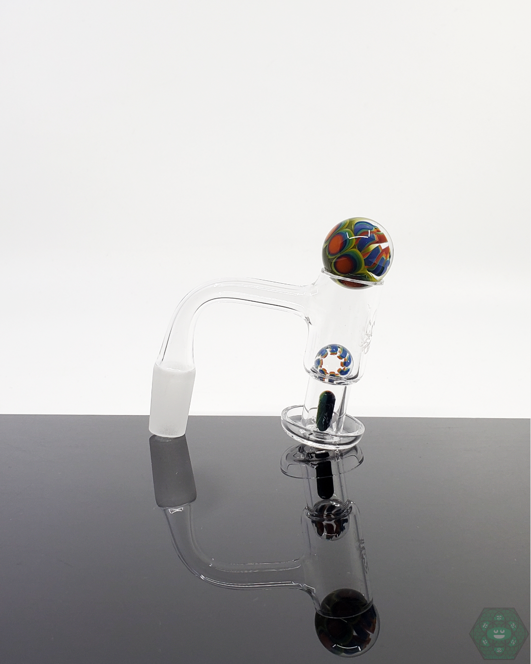 Artisanal Crowman Crothers Dotstack Slurper Set featuring intricate dotstack glass design with terp pearls and marble for smooth dabbing experience.