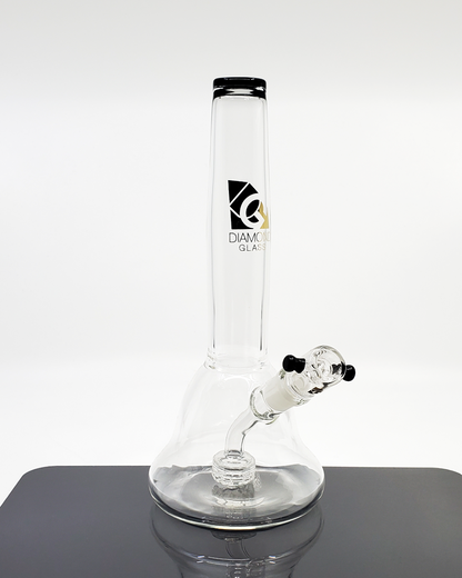 Side view of the Diamond Glass 10” Fixed Showerhead Beaker showcasing its sturdy construction and showerhead perc for smooth, filtered hits.