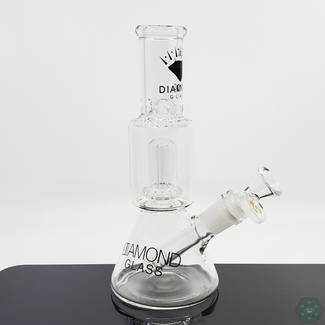 Diamond Glass Mini UFO Beaker featuring a 21-hole UFO perc, built-in ice catcher, and a removable downstem for smooth filtration and a stylish, efficient smoking experience.