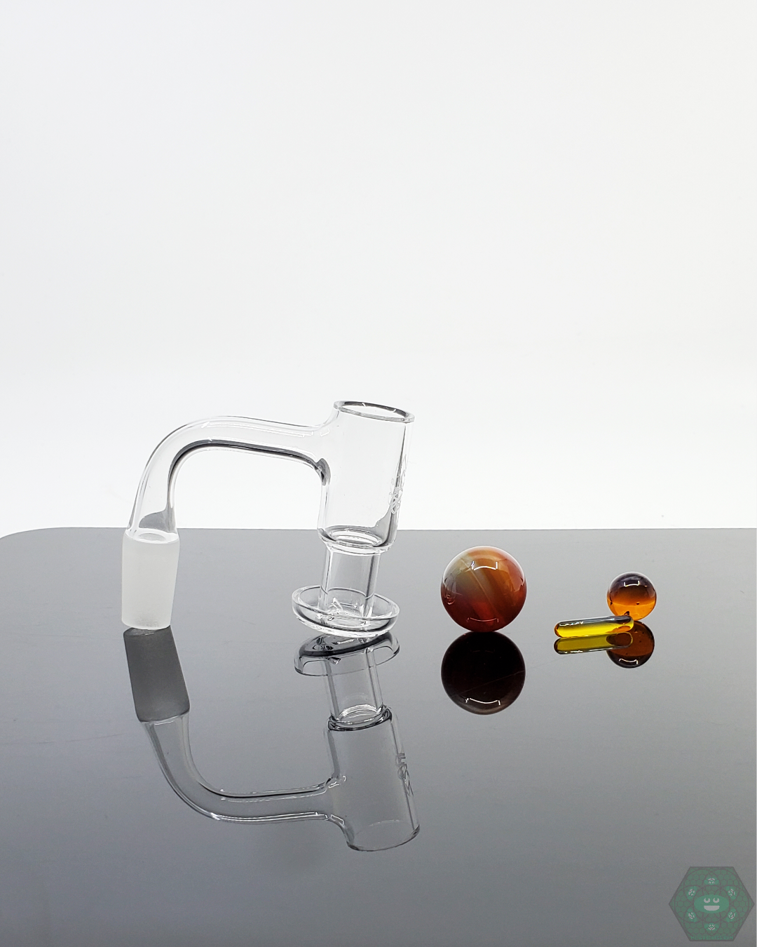 Close-up of Doq Glass Premium Slurper Set, showcasing precision craftsmanship and airflow-enhancing components.