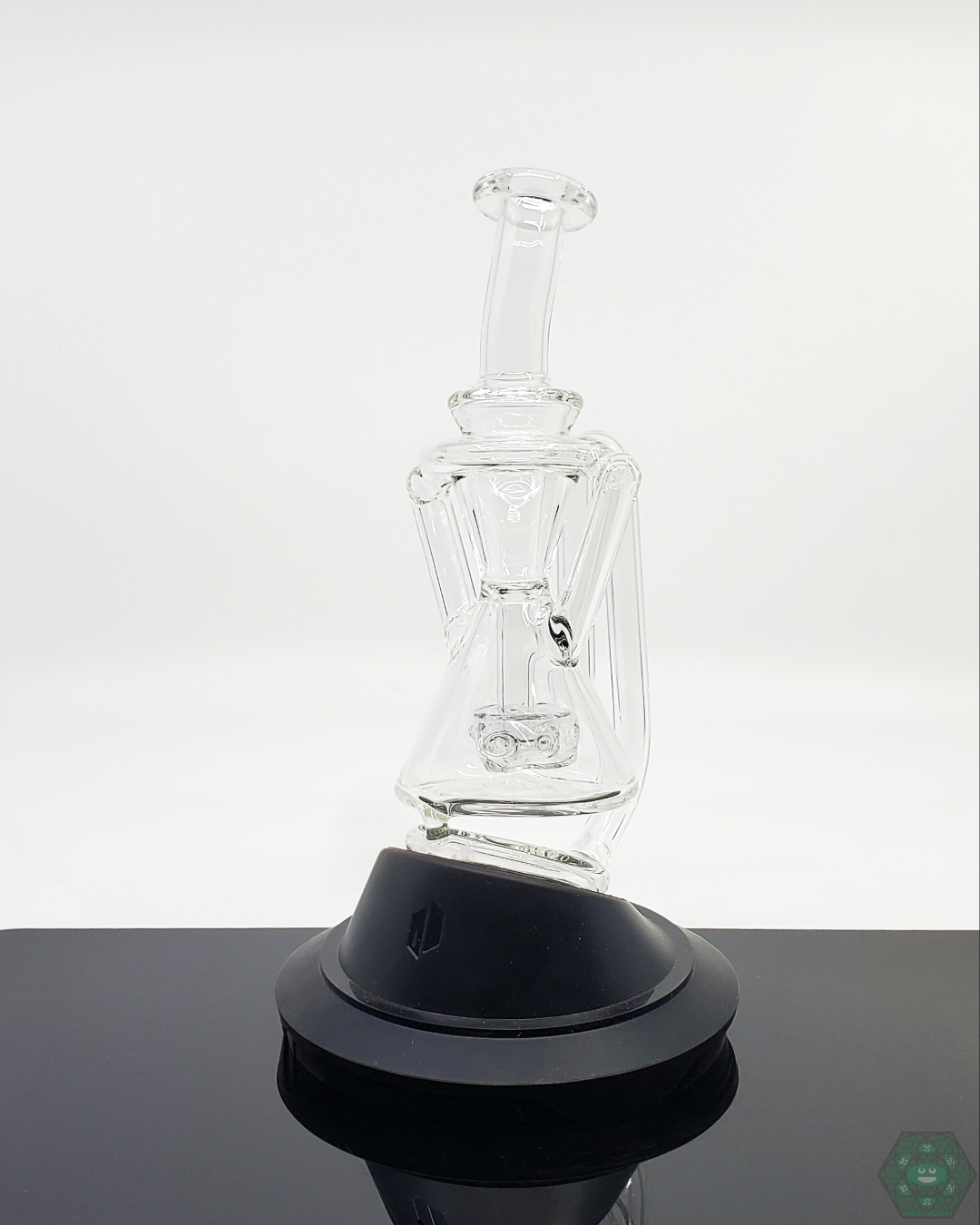 Close-up highlighting the high-quality glass craftsmanship of the Dual Uptake Recycler Puffco Attachment, compatible with Puffco Peak devices.