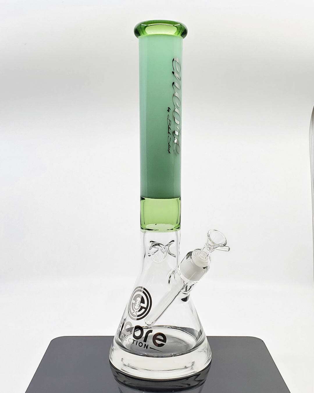 Close-up of the Encore Glass 16” Mega Pounder Beaker, showcasing its 14mm joint and removable downstem for easy maintenance.

