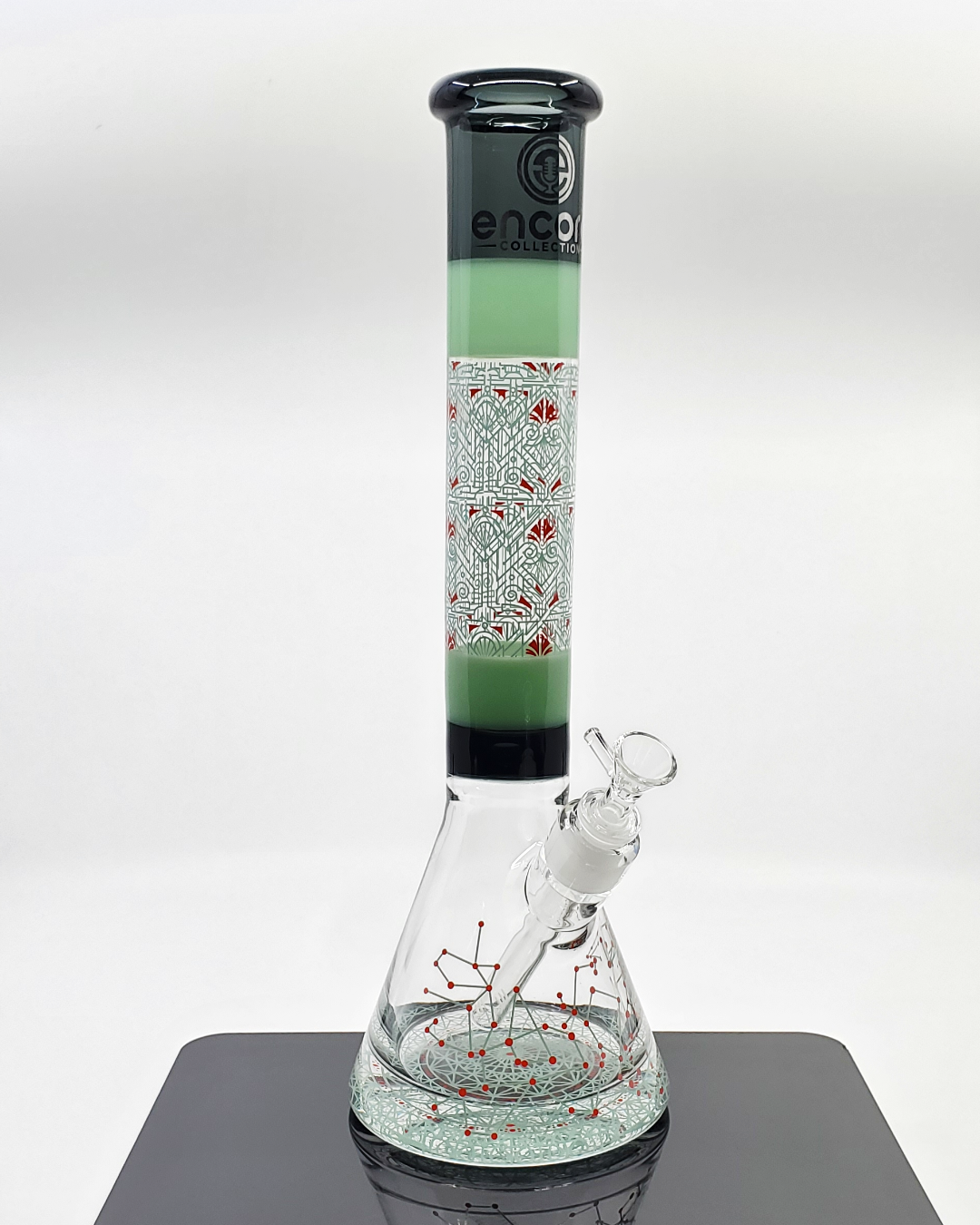 Encore Glass 16” Mega Pounder Beaker featuring a 7-hole perc and ice catcher for smooth, filtered hits.