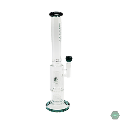  Close-up of the Encore Glass 16” Sunflower Perc Straight Tube, showcasing its durable borosilicate glass and intricate sunflower perc design.