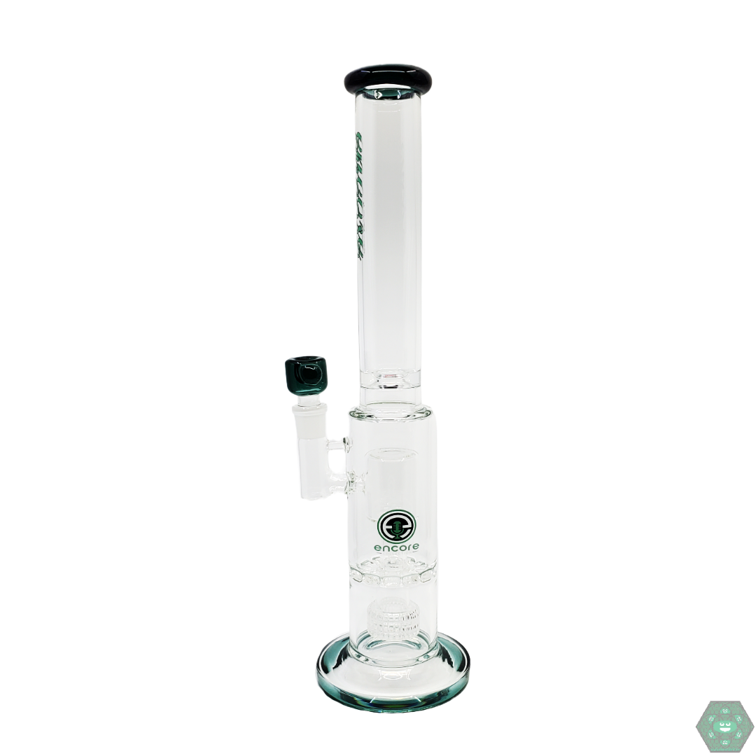 Encore Glass 16” Sunflower Perc Straight Tube featuring a detailed sunflower percolator for smooth and filtered draws.
