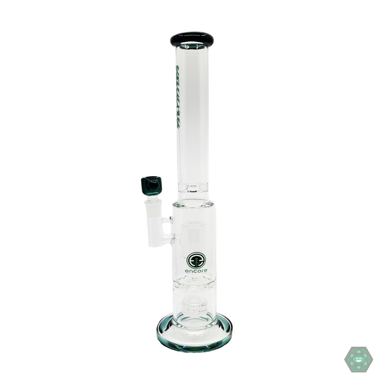 Encore Glass 16” Sunflower Perc Straight Tube featuring a detailed sunflower percolator for smooth and filtered draws.