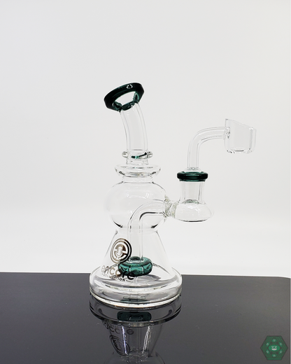 Encore Glass 6-inch Showerhead Rig, compact design with 8-hole perc for smooth diffusion, available in Blue, Green, and Teal for personalized style