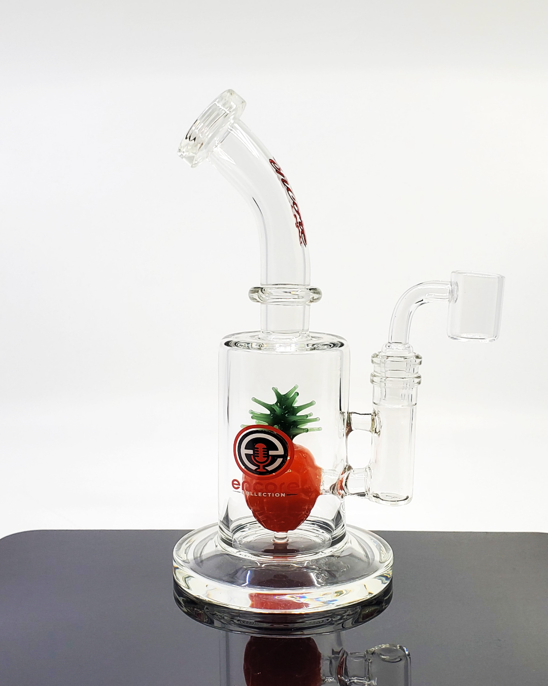 Side view of the Encore Glass 8.5” Pineapple Jammer with a quartz bucket and 4-hole perc, perfect for enjoying smooth, flavorful sessions.