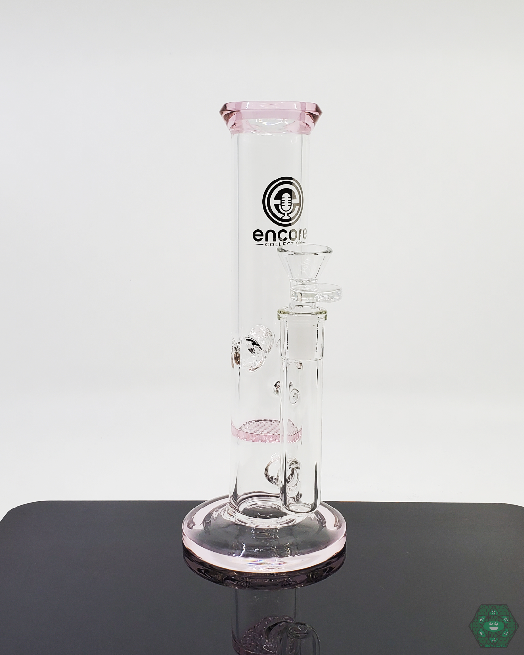 Encore Glass 8-inch Straight Tube featuring honeycomb perc for efficient filtration and smooth hits, offering a compact yet powerful experience