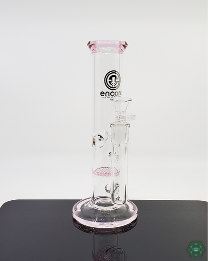 Encore Glass 8-inch Straight Tube featuring honeycomb perc for efficient filtration and smooth hits, offering a compact yet powerful experience