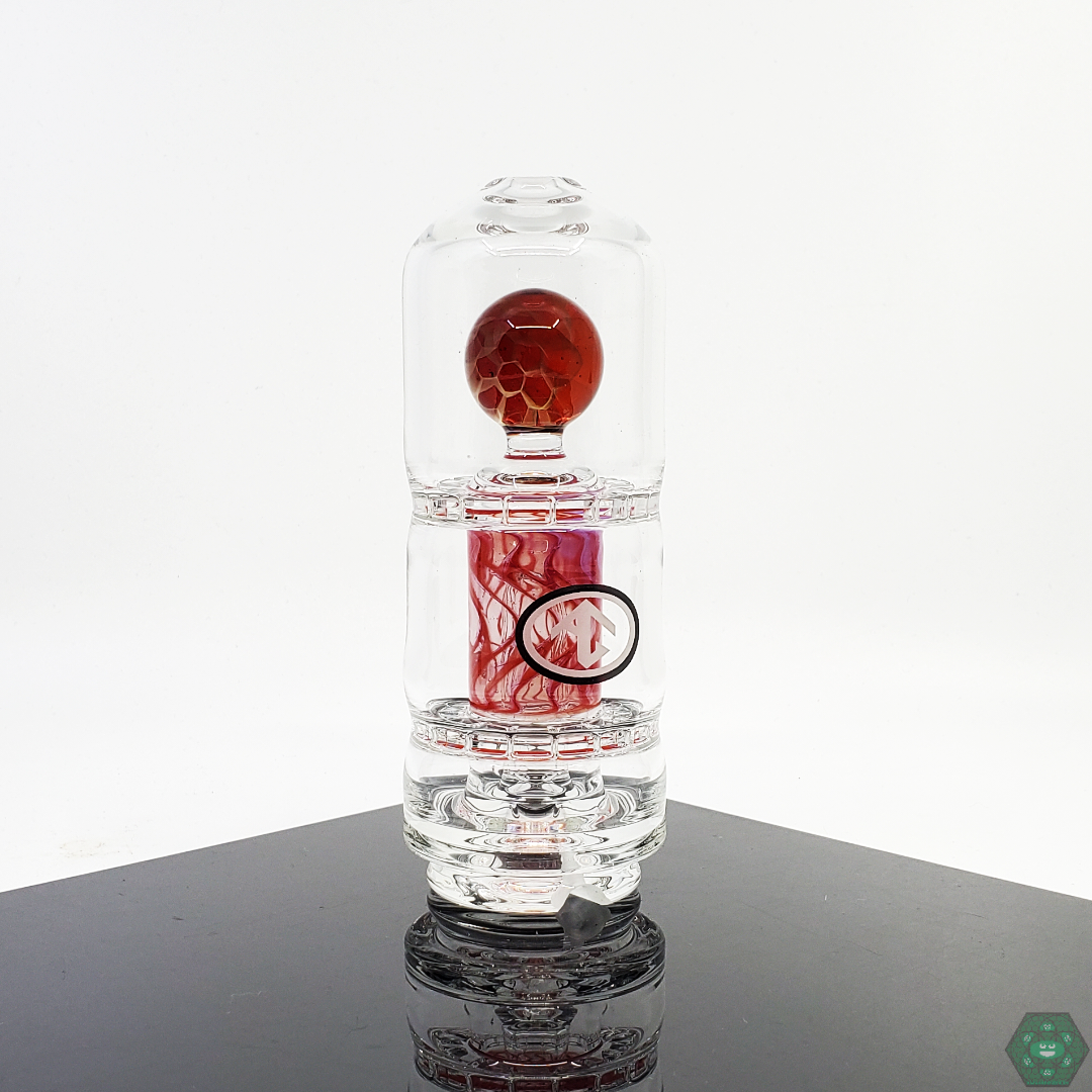 High-quality worked glass Puffco attachment by Galloway Glass, with a unique double ratchet percolator and floating marble.