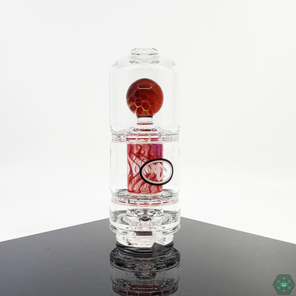 High-quality worked glass Puffco attachment by Galloway Glass, with a unique double ratchet percolator and floating marble.