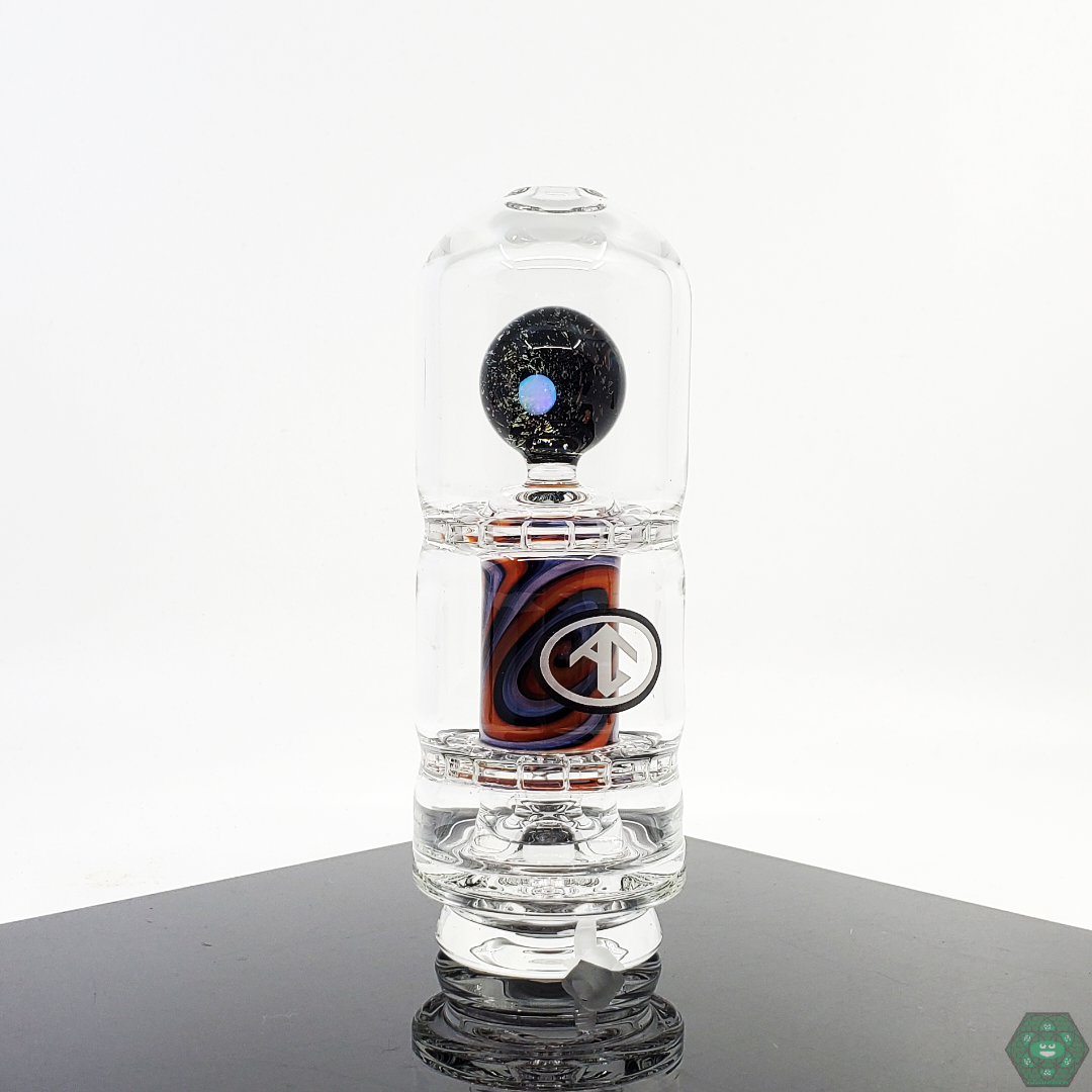 Worked Puffco attachment from Galloway Glass, featuring intricate craftsmanship, a floating marble, and optimized airflow.
