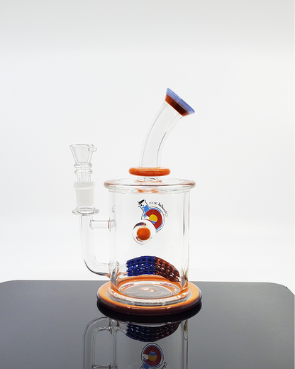 Close-up of the Glass Lab 303 7.5” Double Lace Perc rig, showcasing its intricate dual lace percolators for maximum filtration and smooth airflow.