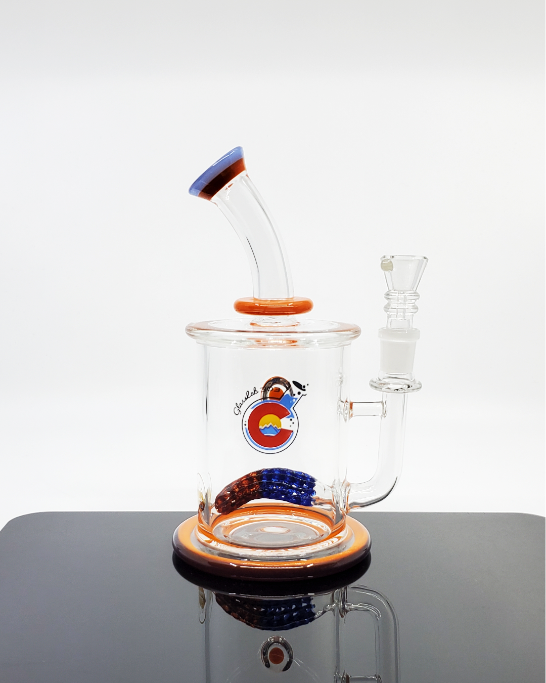  Glass Lab 303 7.5” Double Lace Perc rig featuring a compact design with dual lace percolators for enhanced filtration and smoother hits.