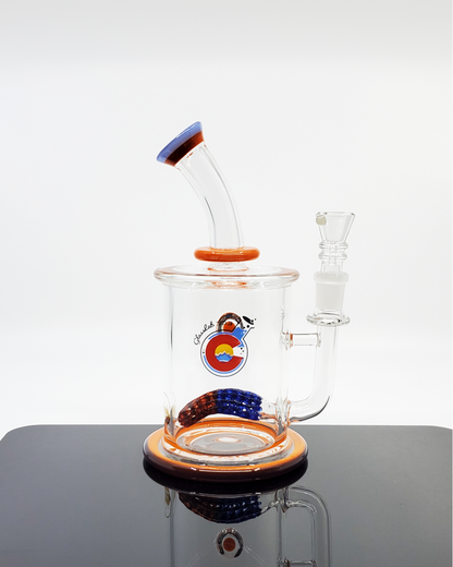  Glass Lab 303 7.5” Double Lace Perc rig featuring a compact design with dual lace percolators for enhanced filtration and smoother hits.