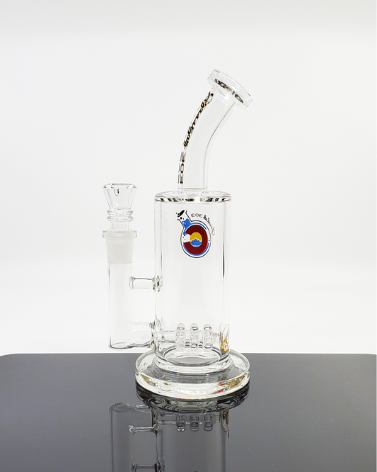 Close-up of the Glass Lab 303 8” Triple Disk Perc Straight Tube, showcasing its triple 12+ hole percolators for enhanced filtration and airflow.