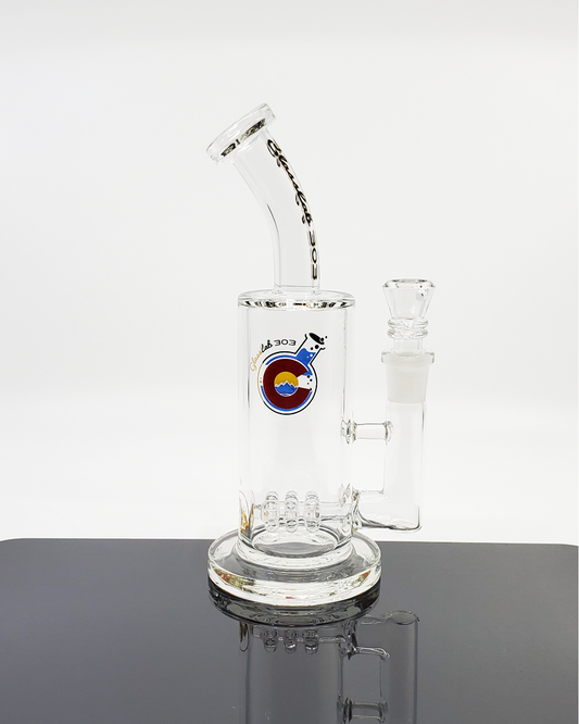 Glass Lab 303 8” Triple Disk Perc Straight Tube featuring three 12+ hole disk percs, a durable design, and a 14mm male slide for smooth, filtered hits.