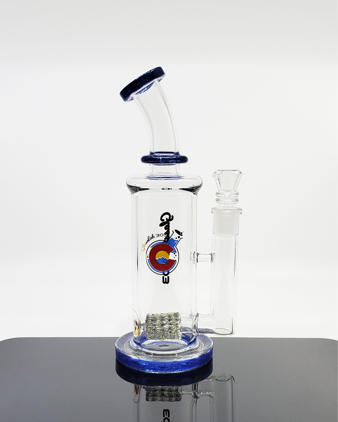 Close-up of the Glass Lab 303 9” Rectangle Lace Bong, highlighting its intricate lace design and premium craftsmanship for an enhanced smoking experience.