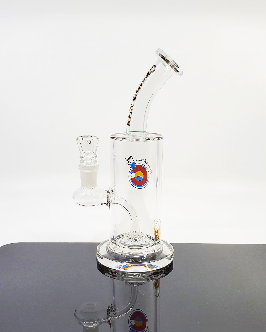  Close-up of the Glass Lab 303 Disk Perc Straight Tube, showcasing its precision disk percolator for enhanced airflow and filtration.