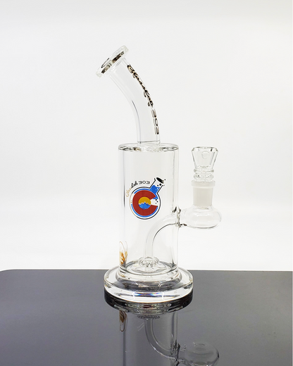  Glass Lab 303 Disk Perc Straight Tube featuring a sleek design with a disk percolator and a 14mm joint for efficient filtration and smooth hits.