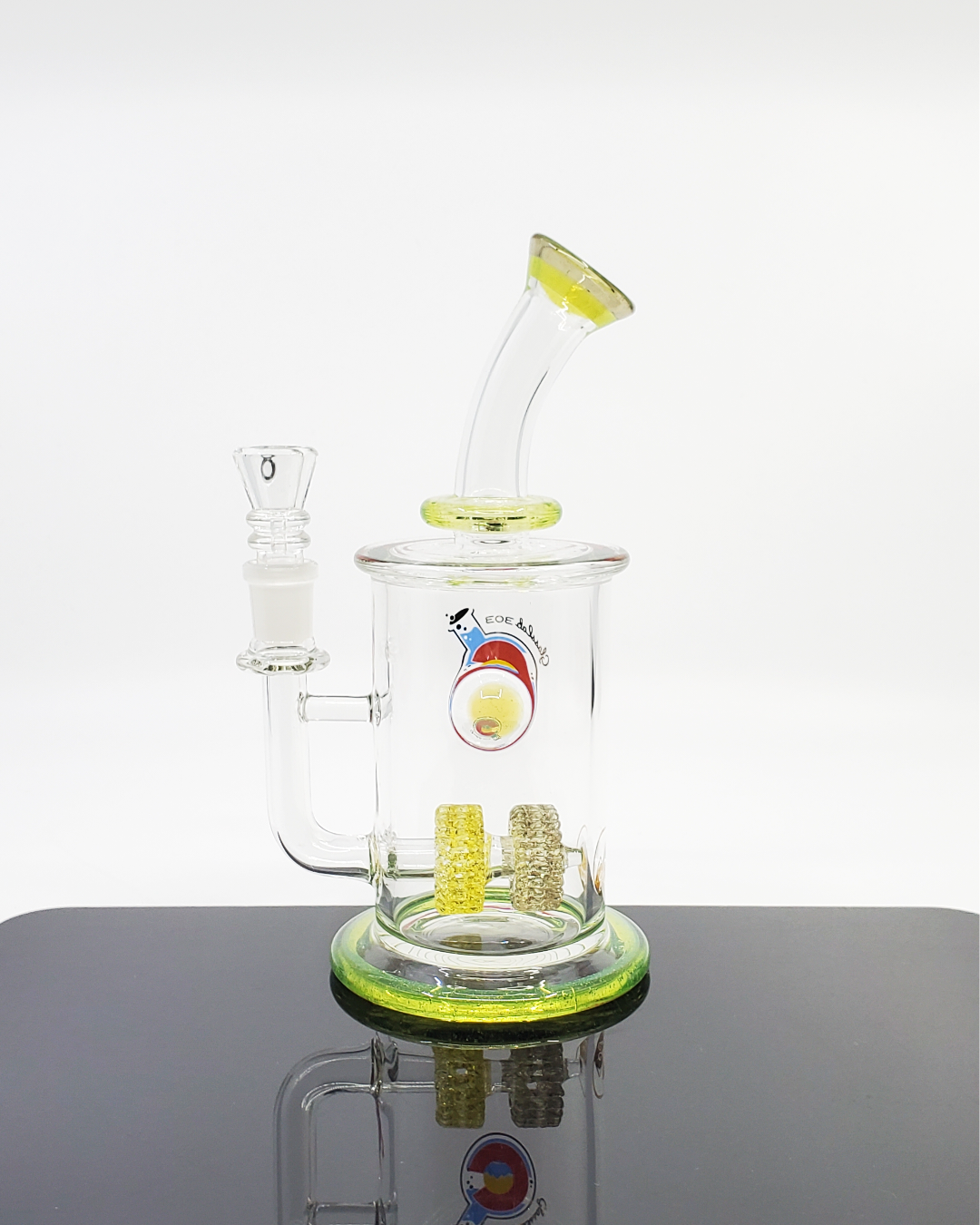 Close-up of the Glass Lab 303 Dual Lace Disk Perc rig, showcasing its intricate dual lace disk percolators for enhanced airflow and smooth filtration.