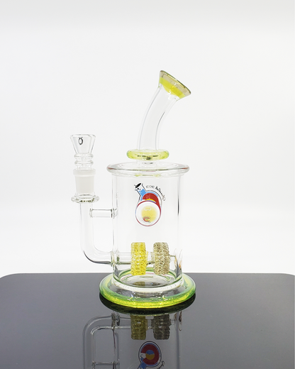 Close-up of the Glass Lab 303 Dual Lace Disk Perc rig, showcasing its intricate dual lace disk percolators for enhanced airflow and smooth filtration.
