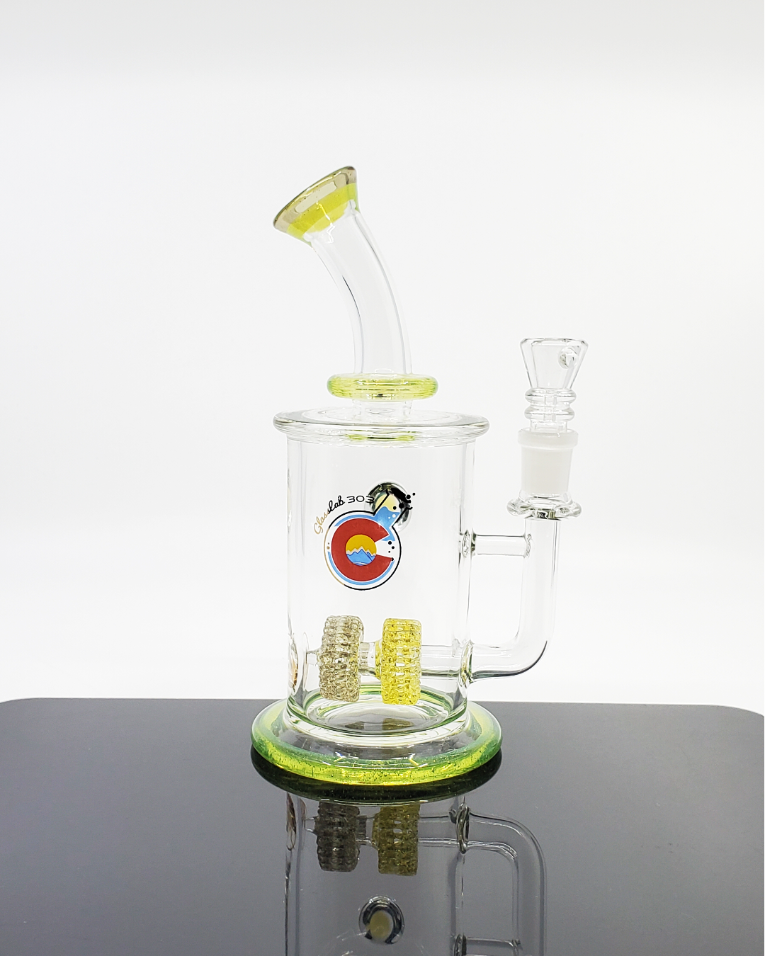 Glass Lab 303 Dual Lace Disk Perc rig featuring a compact design with dual lace disk percolators for efficient filtration and smoother hits.