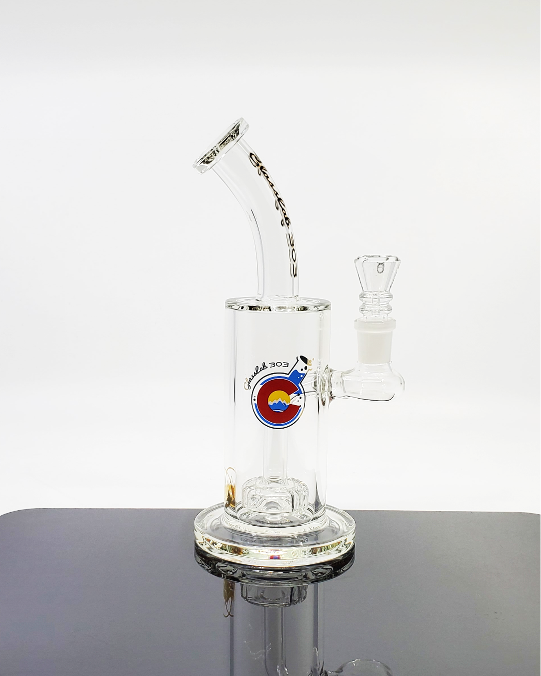  Glass Lab 303 Showerhead Perc Straight Tube featuring a sleek design with a showerhead percolator and a 14mm joint for smooth, filtered hits.
