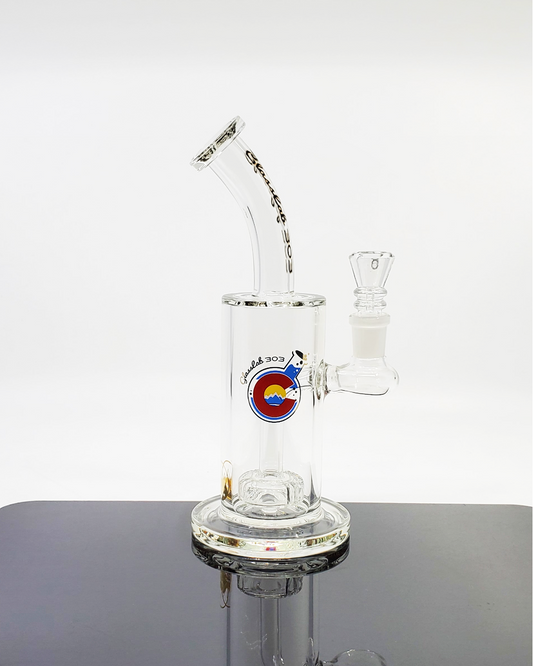  Glass Lab 303 Showerhead Perc Straight Tube featuring a sleek design with a showerhead percolator and a 14mm joint for smooth, filtered hits.