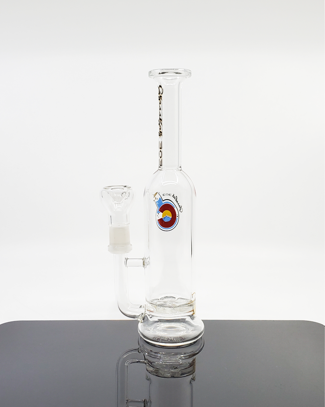 Close-up view of the Glass Lab 303 Turbine Perc Straight Bottle with its turbine perc design for enhanced airflow and smooth draws.