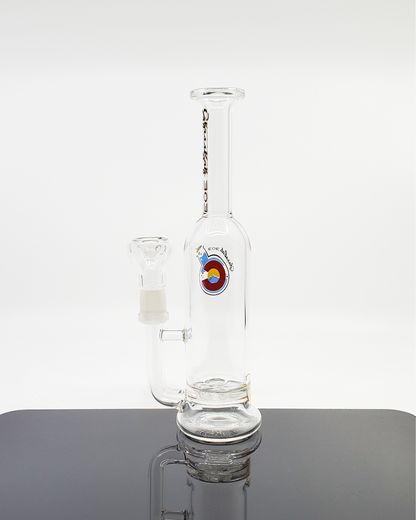 Close-up view of the Glass Lab 303 Turbine Perc Straight Bottle with its turbine perc design for enhanced airflow and smooth draws.