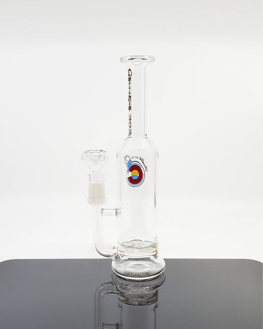 Close-up view of the Glass Lab 303 Turbine Perc Straight Bottle with its turbine perc design for enhanced airflow and smooth draws.