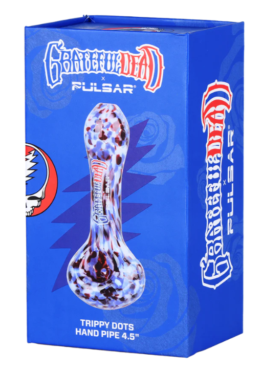 Grateful Dead x Pulsar Frit Spoon Pipe – 4.5-inch borosilicate glass pipe with fritted red, white, and blue design, Grateful Dead logo, and tapered mouthpiece for comfortable use. Perfect for gifting or personal use.

