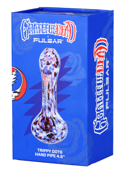 Grateful Dead x Pulsar Frit Spoon Pipe – 4.5-inch borosilicate glass pipe with fritted red, white, and blue design, Grateful Dead logo, and tapered mouthpiece for comfortable use. Perfect for gifting or personal use.

