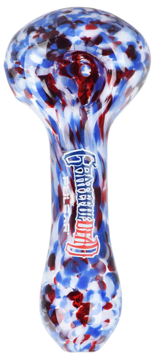 Grateful Dead x Pulsar Frit Spoon Pipe - 4.5-inch borosilicate glass hand pipe with red, white, and blue fritted glass detailing and Grateful Dead logo. Spoon-style design for easy use and cleaning.

