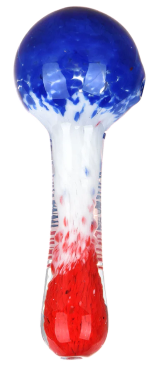 Grateful Dead x Pulsar Spoon Pipe – Grateful Frit design with twisted stem, red, white, and blue fritted glass sections. 4.5-inch hand pipe with Grateful Dead logo, perfect for festivals and gatherings.