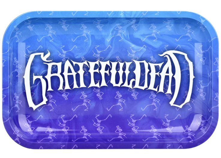 Grateful Dead x Pulsar Metal Rolling Tray & Lid – Psychedelic Dancing Skellies design, 11x7 inch tray with raised sides, smooth rolled edges, and secure magnetic lid for safekeeping.