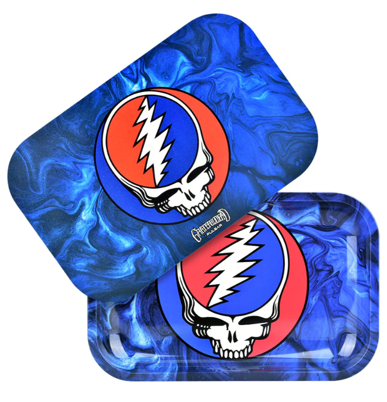Grateful Dead x Pulsar Metal Rolling Tray & Lid – 'Steal Your Face' design with lightning bolt and skull, 11x7 inch tray with smooth rolled edges and matching magnetic lid for secure storage.