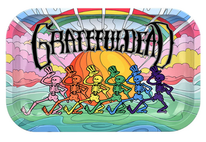 Grateful Dead x Pulsar Metal Rolling Tray & Lid – 'Under The Rainbow' psychedelic artwork featuring dancing skeletons, 11x7 inch tray with smooth rolled edges, and a matching magnetic lid.