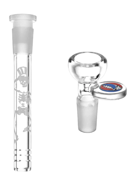 Grateful Dead x Pulsar Space Your Face Straight Tube Bong with 3 pinch ice catcher, 45-degree joint, and 14mm male herb slide. Made from thick 7mm borosilicate glass for durable and smooth smoking experience.