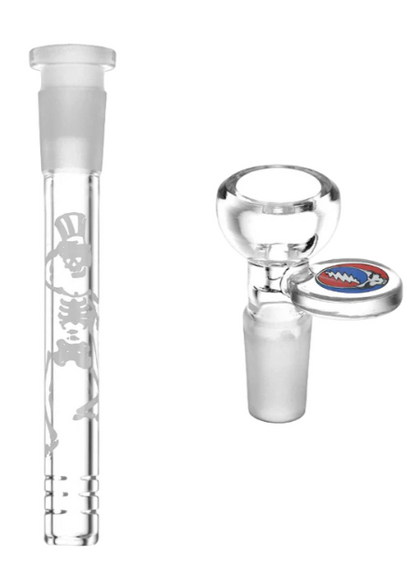 Grateful Dead x Pulsar Space Your Face Straight Tube Bong with 3 pinch ice catcher, 45-degree joint, and 14mm male herb slide. Made from thick 7mm borosilicate glass for durable and smooth smoking experience.