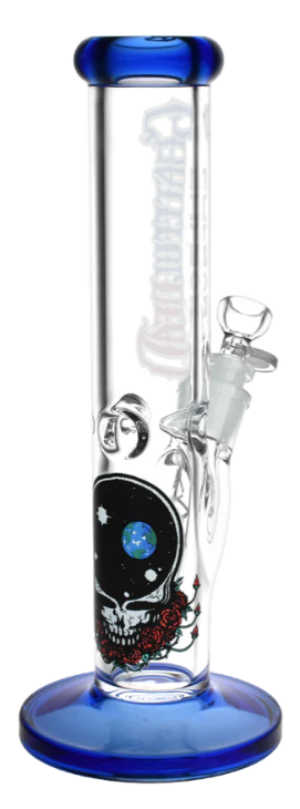 Grateful Dead x Pulsar Space Your Face Bong – 11.75-inch straight tube bong featuring a large Stealie skull with red roses, dancing skeleton etched downstem, and a 3 pinch ice catcher for cool, smooth hits.