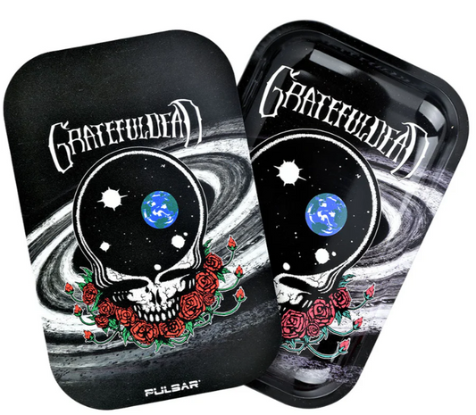 Grateful Dead x Pulsar Metal Rolling Tray & Lid – 'Space Your Face' psychedelic design featuring Stealie skull with Earth and red roses, 11x7 inch tray with raised sides and matching magnetic lid.
