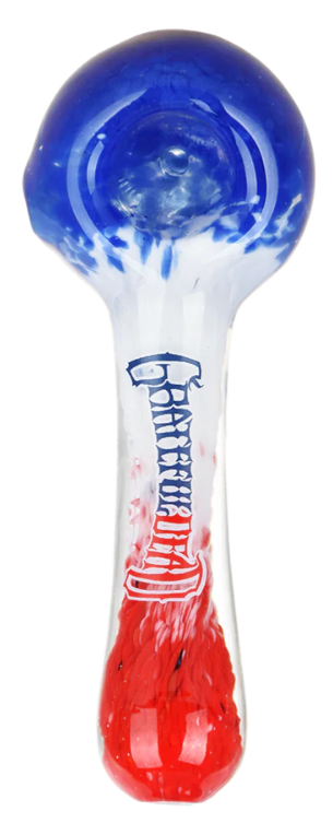 Grateful Dead x Pulsar Spoon Pipe - 4.5-inch borosilicate glass hand pipe with red, white, and blue fritted glass. Classic spoon style with Grateful Dead logo and built-in carb hole for easy use.