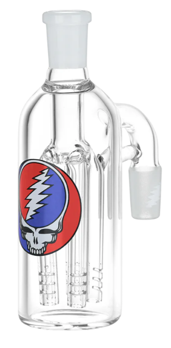 Grateful Dead x Pulsar Steal Your Face Ash Catcher – 5-inch ash catcher made of durable borosilicate glass with a 5-arm tree percolator. Stealie skull decal adds a touch of iconic Deadhead style to your bong setup.