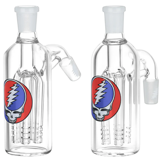 Grateful Dead x Pulsar Steal Your Face Ash Catcher – 5-inch borosilicate glass ash catcher with iconic Stealie skull decal. Features a 5-arm tree percolator for enhanced filtration, compatible with 14mm male slides and 14mm female pipes.

